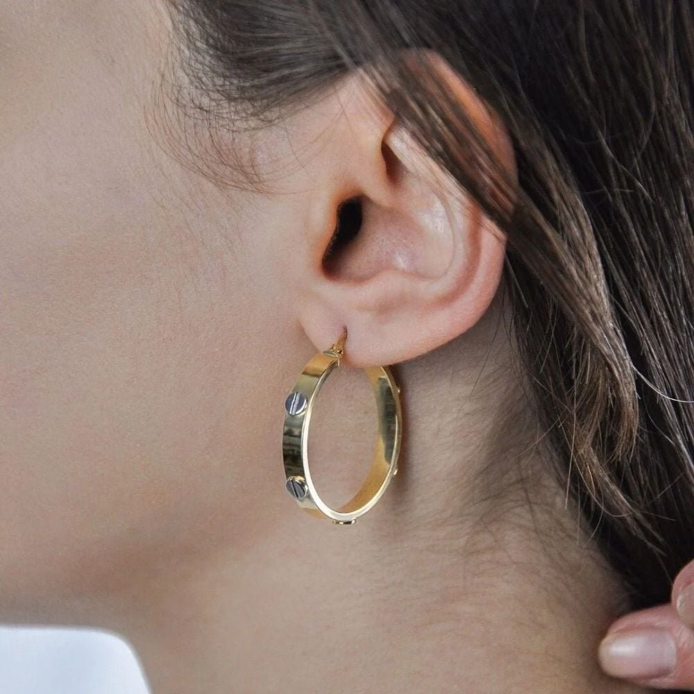 14 Ayar Altın Büyük Vidalı Halka Küpe - Görsel 2