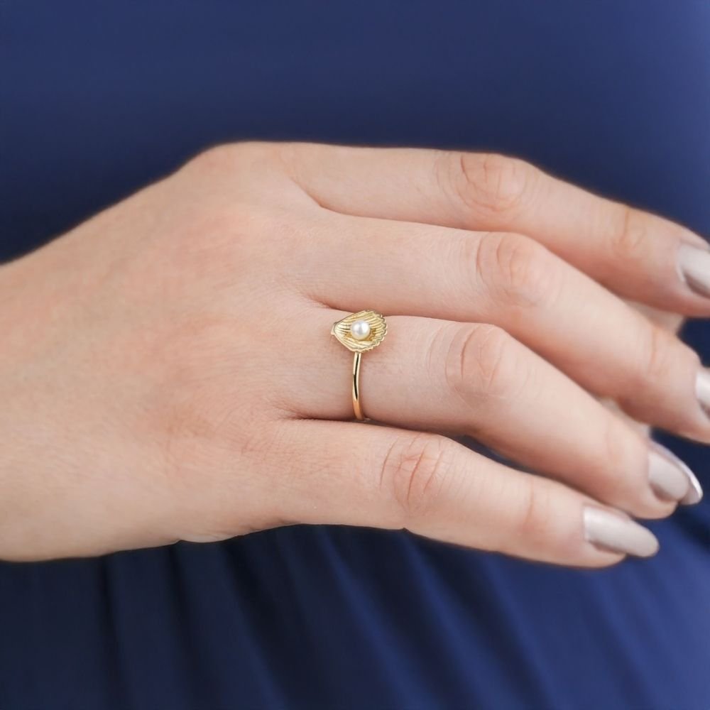 14 Ayar Altın İnci Midye Eklem Yüzük - Görsel 2