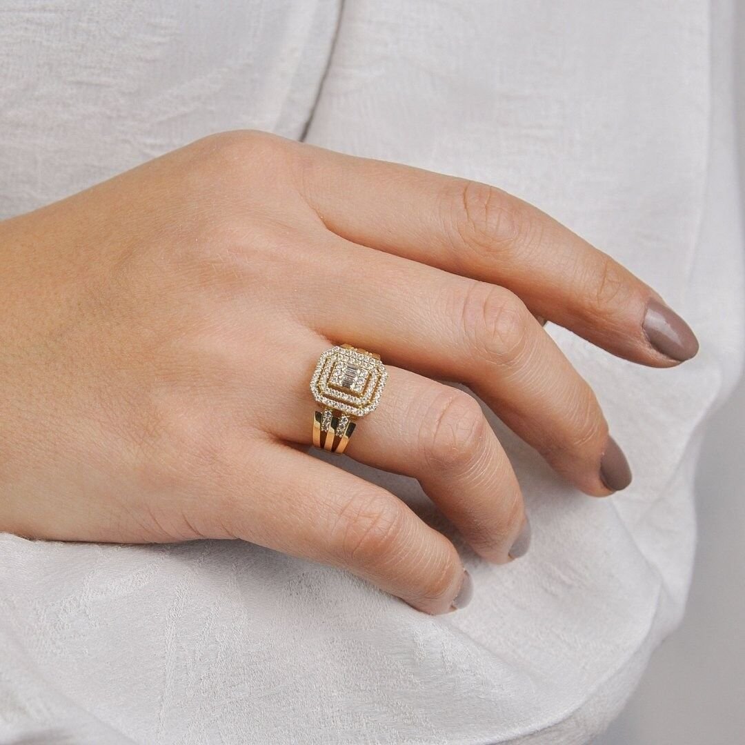 14 Ayar Altın Üç Kollu Taşlı Baget Yüzük - Görsel 2