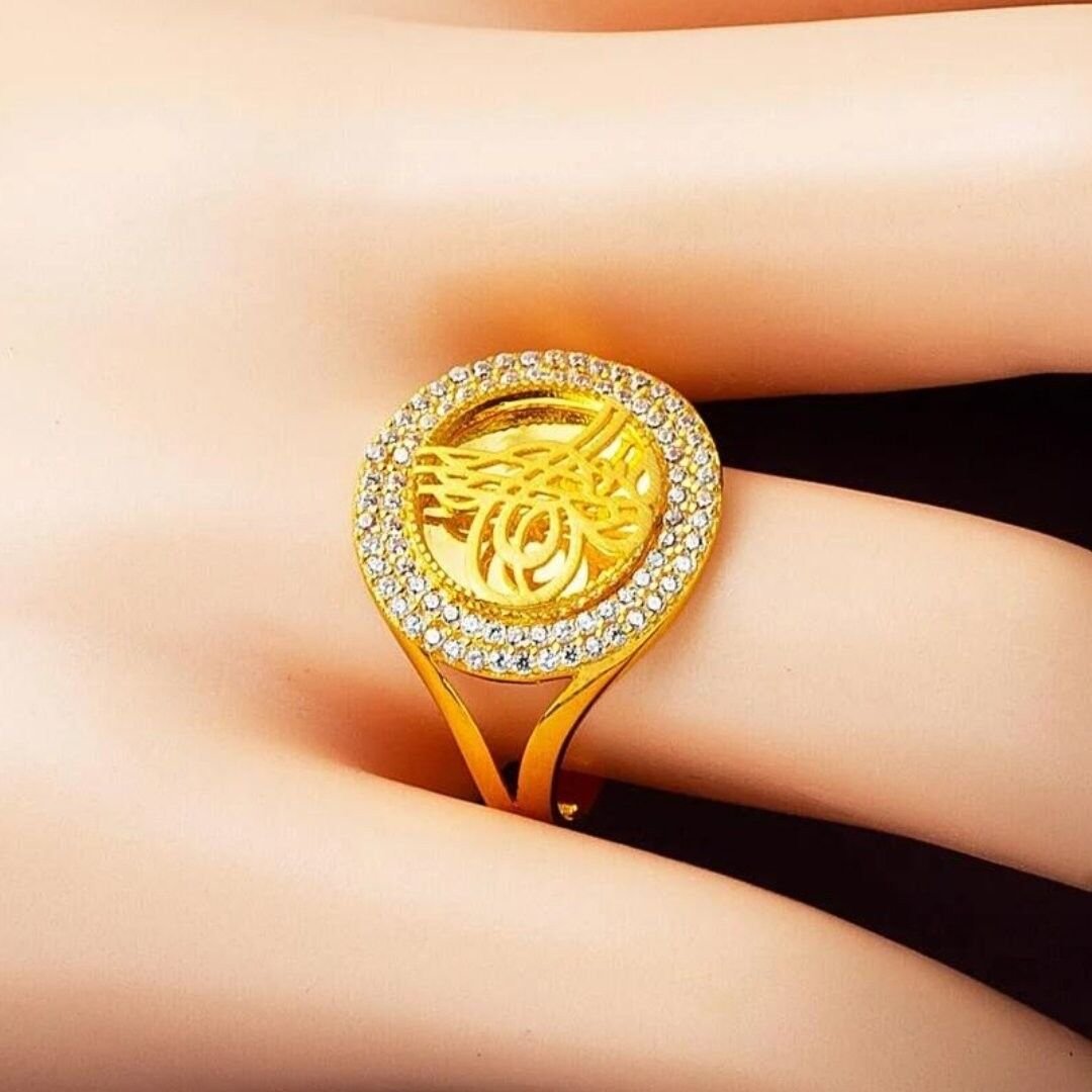 8 Ayar Oval Çİft Sıra Taşlı Tuğra Altın Yüzük - Görsel 2