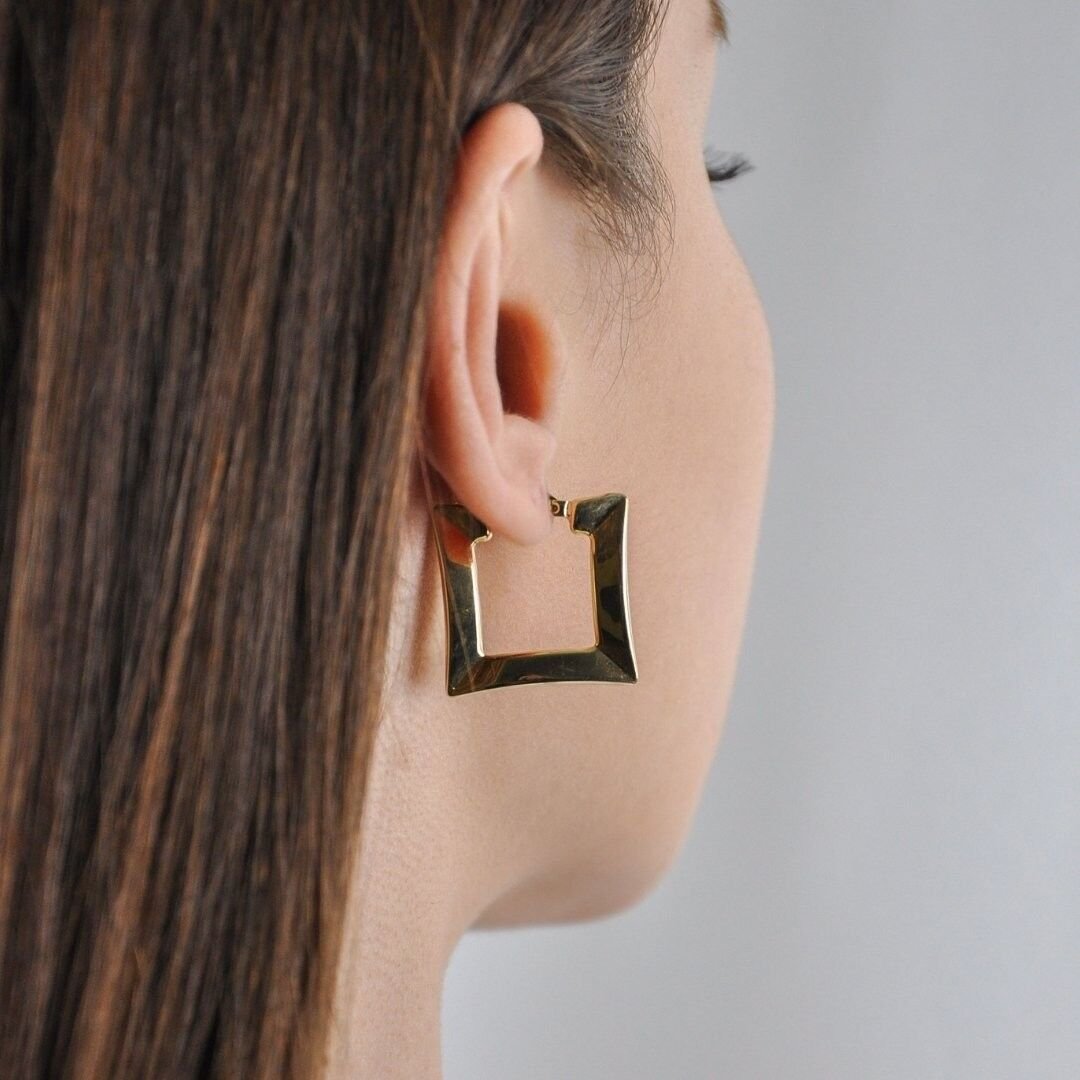 14 Ayar Altın Geniş Kare Halka Küpe - Görsel 2