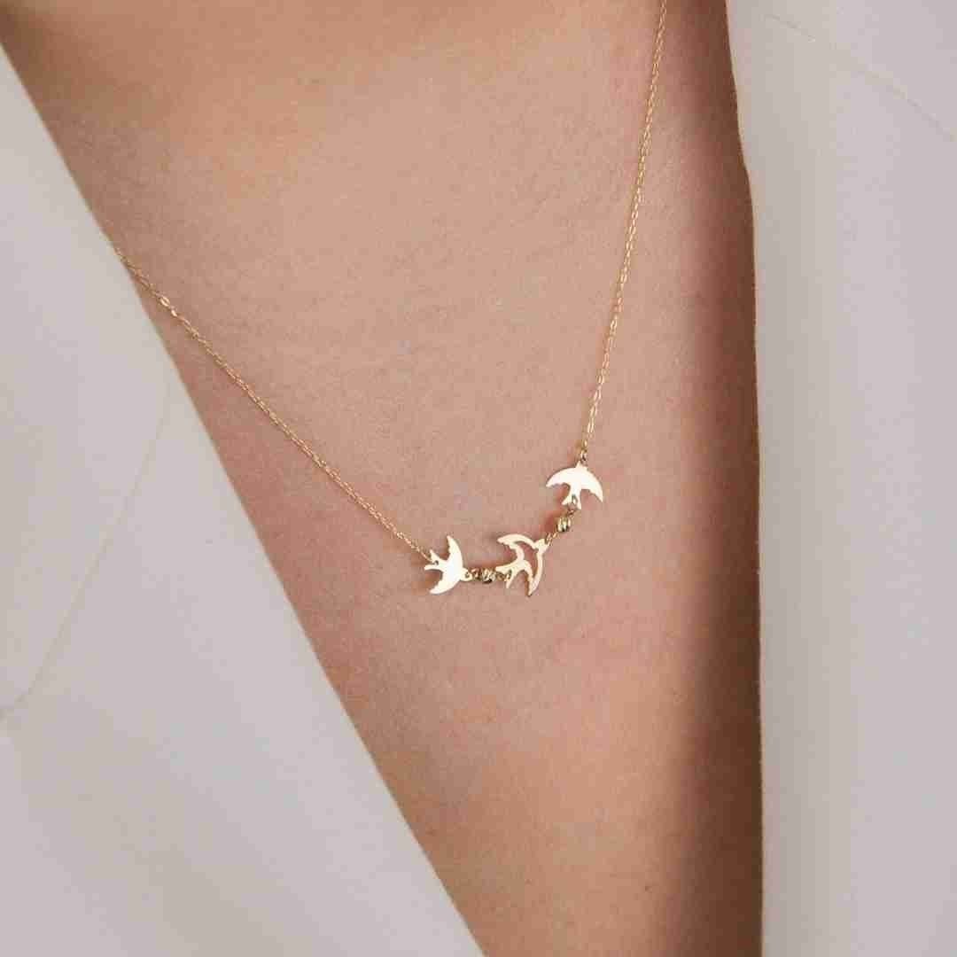 14 Ayar Altın Üçlü Kırlangıç Kolye - Görsel 2