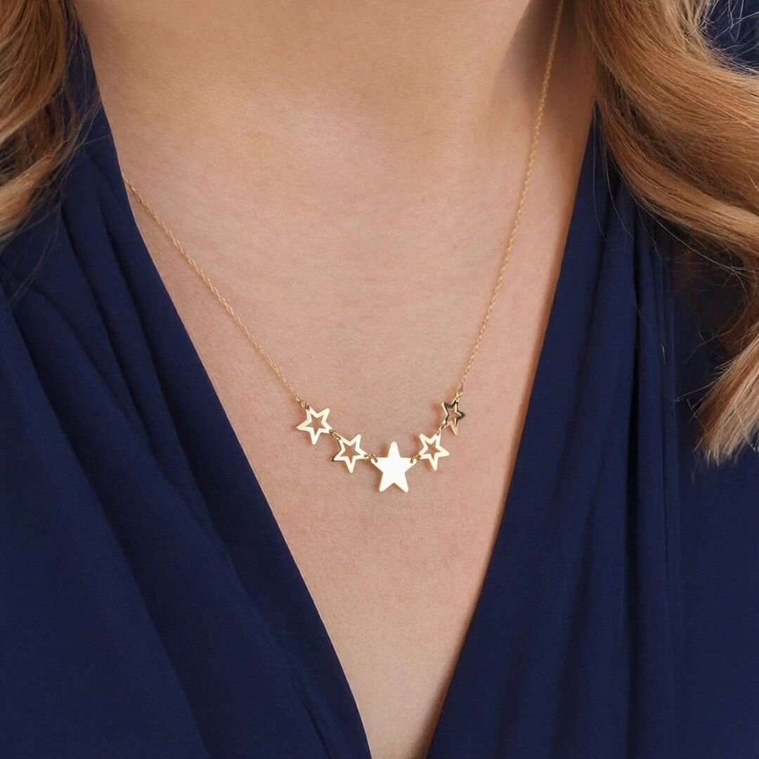 14 Ayar Altın Beşli Yıldız Kolye - Görsel 2