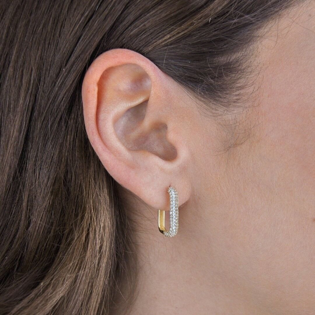 14 Ayar Altın Üç Sıra Taşlı Halka Küpe - Görsel 2